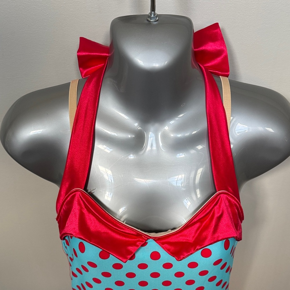 Weissman Turquoise Polka Dot One-Shoulder Party Dress with Red Accents - Picture 7 of 9